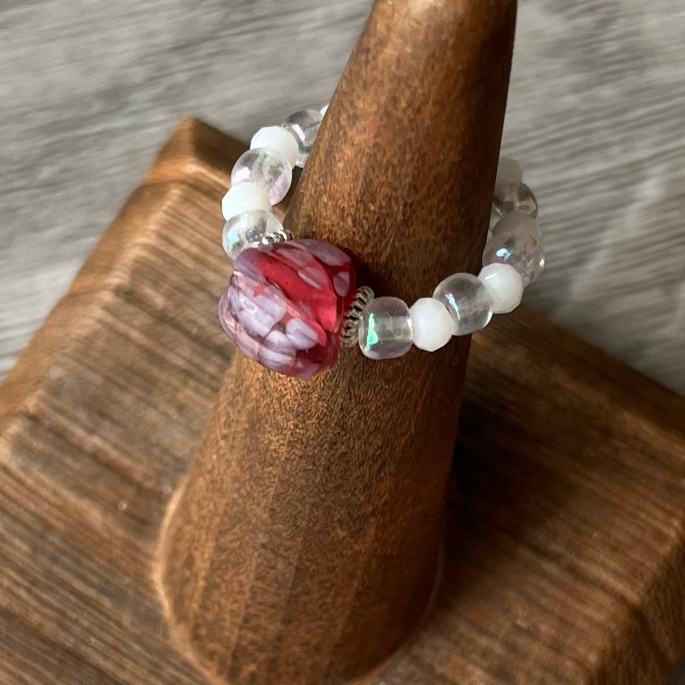 Handmade Red Glass Bead Stretch Ring